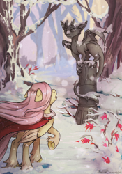 Size: 1080x1541 | Tagged: safe, artist:lonerdemiurge_nail, character:fluttershy, species:gargoyle, species:pegasus, species:pony, cloak, clothing, fanfic art, female, forest, leaves, mare, nervous, shrub, snow, snowfall, tree, winter