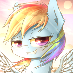 Size: 1280x1280 | Tagged: safe, artist:phoenixrk49, character:rainbow dash, species:pegasus, species:pony, beautiful, dreamworks face, female, grin, looking at you, smiling, solo, sunset, traditional art
