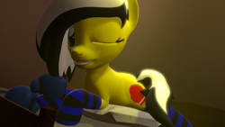 Size: 1920x1080 | Tagged: safe, artist:marianokun, oc, oc only, oc:uppercute, species:earth pony, species:pony, 3d, bed, bedroom, bedroom eyes, blue, boxing gloves, clothing, cute, pillow, socks, solo, source filmmaker, striped socks
