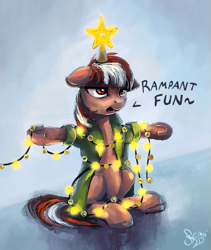 Size: 949x1122 | Tagged: safe, artist:nemo2d, oc, oc only, oc:roulette, species:earth pony, species:pony, fallout equestria, episode:hearth's warming eve, g4, my little pony: friendship is magic, christmas, christmas lights, christmas tree, clothing, female, holiday, jacket, mare, sigh, simple background, tree, unamused