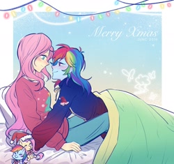 Size: 1975x1860 | Tagged: safe, artist:laochi777, character:fluttershy, character:rainbow dash, species:pegasus, species:pony, ship:flutterdash, my little pony:equestria girls, bed, christmas, christmas lights, female, holiday, lesbian, merry christmas, pillow, shipping