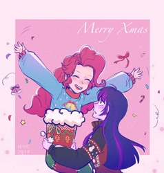 Size: 2000x2100 | Tagged: safe, artist:laochi777, character:pinkie pie, character:twilight sparkle, ship:twinkie, my little pony:equestria girls, christmas, christmas stocking, confetti, female, holiday, lesbian, merry christmas, shipping