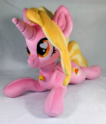 Size: 2256x2638 | Tagged: safe, artist:doctorkoda, character:luster dawn, species:pony, species:unicorn, female, heart eyes, irl, lying down, mare, photo, plushie, prone, smiling, solo, wingding eyes