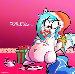 Size: 2858x2826 | Tagged: safe, artist:metalface069, oc, oc only, species:bat pony, species:pony, bat pony oc, belly, candy, candy cane, christmas, clothing, engrish, fat, female, food, grammar error, hat, holiday, mare, present, santa hat, solo, ych result