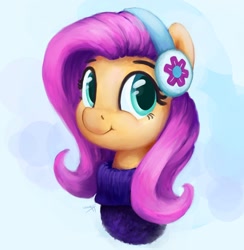 Size: 1280x1314 | Tagged: safe, artist:aemantaslim, character:fluttershy, species:pegasus, species:pony, abstract background, bust, clothing, cute, earmuffs, female, looking at you, mare, portrait, shyabetes, smiling, solo, sweater, sweatershy, three quarter view, winter outfit