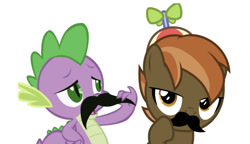 Size: 750x433 | Tagged: safe, artist:lahirien, artist:vigorousjammer, edit, editor:undeadponysoldier, character:button mash, character:spike, species:earth pony, species:pony, clothing, colt, facial hair, hat, male, moustache, propeller hat, simple background, white background