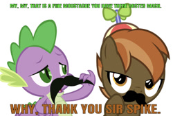 Size: 646x437 | Tagged: safe, artist:lahirien, artist:vigorousjammer, edit, editor:undeadponysoldier, character:button mash, character:spike, species:dragon, species:earth pony, species:pony, british, clothing, colt, compliment, duo, edited edit, facial hair, hat, male, moustache, propeller hat, simple background, white background