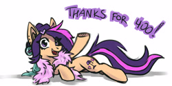 Size: 4000x2000 | Tagged: safe, artist:amy-gamy, oc, oc:amethyst arkin, species:earth pony, species:pony, looking at you, milestone, on side, solo, text