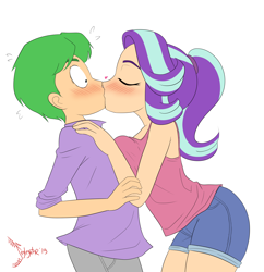 Size: 6990x7226 | Tagged: safe, artist:jeglegator, character:spike, character:starlight glimmer, species:human, ship:sparlight, blushing, eyes closed, female, humanized, kissing, male, shipping, simple background, straight, surprise kiss, white background