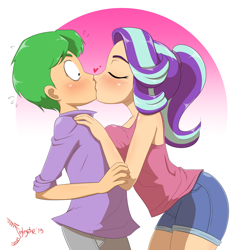 Size: 6990x7226 | Tagged: safe, alternate version, artist:jeglegator, character:spike, character:starlight glimmer, species:human, ship:sparlight, blushing, eyes closed, female, gradient background, humanized, kissing, male, shading, shipping, straight, surprise kiss