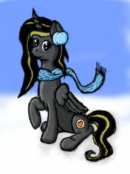 Size: 960x1280 | Tagged: safe, artist:bryastar, oc, oc:sable, species:alicorn, species:pony, alicorn oc, clothing, earmuffs, looking at you, scarf, simple background, snow, solo