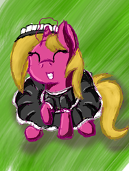 Size: 626x832 | Tagged: safe, artist:bryastar, oc, oc:bright star, species:pony, species:unicorn, clothing, looking at you, looking up at you, maid, simple background, sitting, smiling, solo
