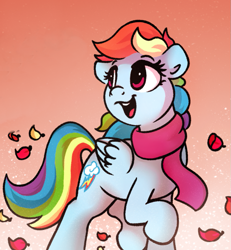 Size: 903x976 | Tagged: safe, artist:thefloatingtree, character:rainbow dash, species:pegasus, species:pony, autumn, clothing, cropped, cute, dashabetes, female, gradient background, leaves, mare, open mouth, scarf, smiling, solo