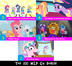 Size: 1704x1560 | Tagged: safe, artist:don2602, edit, edited screencap, screencap, character:adagio dazzle, character:applejack, character:aria blaze, character:bon bon, character:carrot top, character:cherry berry, character:fluttershy, character:golden harvest, character:linky, character:luster dawn, character:pinkie pie, character:princess cadance, character:queen chrysalis, character:rainbow dash, character:rarity, character:sassaflash, character:shoeshine, character:sonata dusk, character:spring melody, character:sprinkle medley, character:sweetie drops, character:twilight sparkle, character:twilight sparkle (alicorn), species:alicorn, species:earth pony, species:pony, species:unicorn, episode:a canterlot wedding, episode:a friend in deed, episode:the last problem, equestria girls:equestria girls, equestria girls:rainbow rocks, g4, my little pony: equestria girls, my little pony: friendship is magic, my little pony:equestria girls, arms in the air, clothing, crown, disguise, disguised siren, dress, eyes closed, fake cadance, garland, helping twilight win the crown, jewelry, looking at each other, looking at you, mane six, mirror, multiple characters, one eye closed, reflection, regalia, smile song, sweater, the dazzlings, the magic of friendship grows, this day aria, top 100 mlp g4 songs, welcome to the show, wink