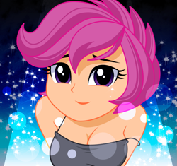 Size: 1163x1094 | Tagged: safe, artist:rosemile mulberry, character:scootaloo, species:pegasus, species:pony, my little pony:equestria girls, breasts, bust, busty scootaloo, cleavage, clothing, cute, cutealoo, female, looking at you, older, older scootaloo, smiling, solo