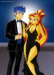 Size: 1080x1500 | Tagged: safe, artist:chuyryu, character:flash sentry, character:sunset shimmer, ship:flashimmer, my little pony:equestria girls, alcohol, alternate hairstyle, black dress, breasts, busty sunset shimmer, cleavage, clothing, dress, elegant, female, gala dress, glass, happy new year, holiday, legs, makeup, male, moon, night, shipping, side slit, straight, total sideslit, tuxedo, wine, wine glass