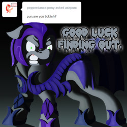 Size: 800x800 | Tagged: safe, artist:crispokefan, oc, oc:pun, species:earth pony, species:pony, ask pun, agent 707, angry, armor, ask, female, floppy ears, glare, gradient background, gritted teeth, mare, night guard armor, solo