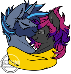 Size: 430x450 | Tagged: safe, artist:thanhvy15599, oc, oc only, oc:slipspace perigee, species:pony, species:unicorn, clothing, commission, commission result, female, male, oc x oc, scarf, shipping, ych result