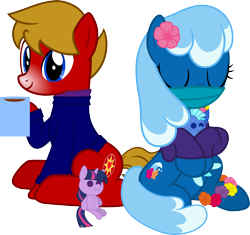 Size: 4000x3767 | Tagged: safe, artist:pilot231, character:twilight sparkle, oc, oc:blue cove, oc:max mustang, oc:sea foam ep, species:earth pony, species:pony, 2020 community collab, derpibooru community collaboration, chocolate, clothing, cuddling, female, flower on ear, food, hot chocolate, lei, male, mare, plushie, scarf, simple background, snow tip nose, stallion, sweater, transparent background, vector