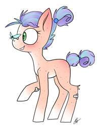 Size: 2000x2500 | Tagged: safe, artist:katyusha, oc, oc:maybree, species:earth pony, species:pony, bandaids, butterfly, cute, female, filly, freckles, green eyes, hair bun, multicolored hair, purple hair, simple background, tail bun, tomboy, white hooves