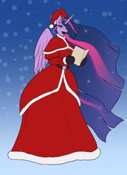 Size: 1280x1760 | Tagged: safe, artist:toughset, character:twilight sparkle, character:twilight sparkle (alicorn), species:alicorn, species:anthro, species:pony, christmas, holiday, long dress