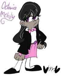 Size: 666x800 | Tagged: safe, artist:mirabuncupcakes15, character:octavia melody, species:human, belt, bow tie, cardigan, clothing, dark skin, female, flats, humanized, octavia is not amused, shirt, shoes, simple background, skirt, socks, solo, stockings, thigh highs, unamused, white background