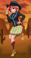 Size: 1276x2410 | Tagged: safe, artist:anonix123, character:sunset shimmer, my little pony:equestria girls, beautiful, boots, cactus, clothing, cowboy boots, cowboy hat, cowgirl, cute, female, hat, high heel boots, remake, shimmerbetes, shoes, skirt, spurs, stetson, woman