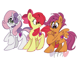 Size: 800x620 | Tagged: safe, artist:mirabuncupcakes15, character:apple bloom, character:scootaloo, character:sweetie belle, species:earth pony, species:pegasus, species:pony, species:unicorn, chest fluff, female, mare, older, older apple bloom, older cmc, older scootaloo, older sweetie belle, open mouth, raised hoof, simple background, white background