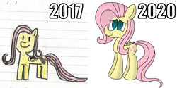 Size: 1450x725 | Tagged: safe, artist:rainbowbacon, character:fluttershy, species:pegasus, species:pony, 2017, 2020, female, lined paper, redraw, solo, traditional art