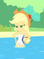 Size: 1536x2048 | Tagged: safe, artist:draymanor57, character:applejack, species:human, my little pony:equestria girls, clothing, female, implied lesbian, implied rarijack, implied shipping, one-piece swimsuit, rarity's cutie mark, solo, swimsuit, water
