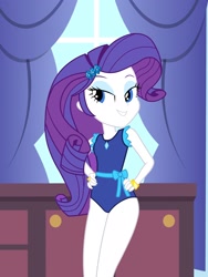 Size: 1536x2048 | Tagged: safe, artist:draymanor57, character:rarity, my little pony:equestria girls, clothing, female, hands on hip, leotard, one-piece swimsuit, pocket ponies, solo, swimsuit