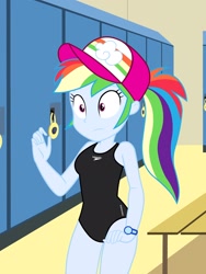 Size: 1536x2048 | Tagged: safe, artist:draymanor57, character:rainbow dash, my little pony:equestria girls, baywatch, clothing, female, locker room, one-piece swimsuit, solo, speedo, swimsuit