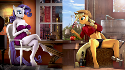 Size: 3840x2160 | Tagged: safe, artist:whiteskyline, character:applejack, character:rarity, species:anthro, species:earth pony, species:pony, species:unguligrade anthro, species:unicorn, ship:rarijack, 3d, apple, applejack daniel's, breasts, busty applejack, busty rarity, factory, farm, female, food, grand piano, lesbian, looking at each other, musical instrument, piano, shipping, source filmmaker, sweet apple acres, toolbox, wrench