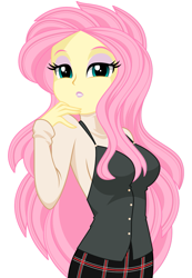 Size: 891x1284 | Tagged: safe, artist:rosemile mulberry, character:fluttershy, my little pony:equestria girls, alternate costumes, breasts, clothing, female, lidded eyes, lipstick, looking at you, school uniform, sideboob, simple background, solo, white background