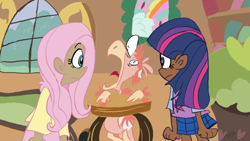 Size: 800x450 | Tagged: safe, artist:mirabuncupcakes15, character:fluttershy, character:philomena, character:twilight sparkle, species:bird, species:human, episode:a bird in the hoof, g4, my little pony: friendship is magic, clothing, dark skin, female, humanized, open mouth, pants, plaid skirt, scene interpretation, shirt, skirt, vest