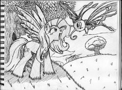 Size: 960x708 | Tagged: safe, artist:petanoprime, character:fluttershy, species:pegasus, species:pony, beautifly, crossover, duo, female, lineart, looking at each other, mare, monochrome, notepad, open mouth, pokémon, traditional art, tree