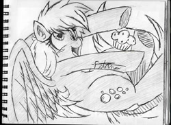 Size: 960x697 | Tagged: safe, artist:petanoprime, character:derpy hooves, species:pegasus, species:pony, female, food, mare, monochrome, muffin, notepad, open mouth, signature, smiling, solo, traditional art