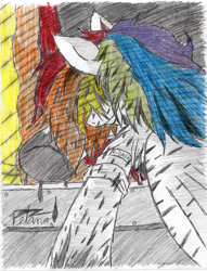 Size: 734x960 | Tagged: safe, artist:petanoprime, character:rainbow dash, species:pegasus, species:pony, fanfic:rainbow factory, clothing, fanfic art, female, grin, hair over eyes, lab coat, mare, partial color, signature, smiling, solo, traditional art