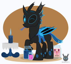 Size: 1435x1287 | Tagged: safe, artist:wheatley r.h., derpibooru original, oc, oc only, oc:w. rhinestone eyes, species:changeling, bat wings, blue changeling, candle, changeling oc, cute, empty jar, food, honey, honeypot ants, honeypot changeling, horn, implied oc, jar, love, ocbetes, one eye closed, one hoof raised, simple background, solo, table, tongue out, translated in the comments, vector, watermark, wings, wink