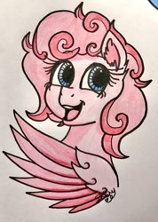 Size: 853x1200 | Tagged: safe, artist:shinycyan, character:pinkie pie, species:pegasus, species:pony, g5 leak, leak, bust, pegasus pinkie pie, pinkie pie (g5), race swap, redesign, traditional art, wings