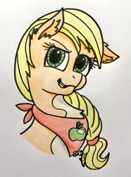 Size: 894x1200 | Tagged: safe, artist:shinycyan, character:applejack, species:earth pony, species:pony, g5 leak, leak, applejack (g5), bust, clothing, redesign, scarf, traditional art