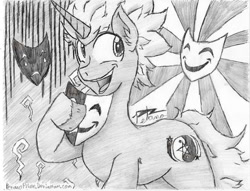 Size: 960x733 | Tagged: safe, artist:petanoprime, character:sunburst, oc, oc:radiant dawn, species:pony, species:unicorn, frown, grayscale, hoof hold, male, mask, monochrome, open mouth, signature, smiling, stallion, traditional art, unshorn fetlocks