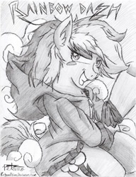 Size: 739x960 | Tagged: safe, artist:petanoprime, character:rainbow dash, species:pegasus, species:pony, backwards cutie mark, blush sticker, blushing, clothing, female, grayscale, grin, hoodie, mare, monochrome, signature, sitting, smiling, solo, text, traditional art