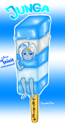 Size: 758x1448 | Tagged: safe, artist:starwantrix, character:trixie, my little pony:equestria girls, bondage, cold, encasement, female, food, gradient background, ice cream, middle finger, nostalgia, solo, vulgar, weird