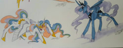 Size: 1779x703 | Tagged: safe, artist:creeate97, character:princess celestia, character:princess luna, species:alicorn, species:pony, duo, female, laughing, majestic as fuck, mare, marker drawing, royal sisters, simple background, traditional art, white background