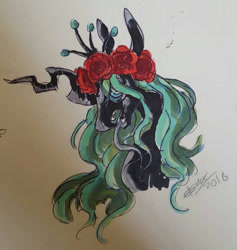 Size: 1088x1150 | Tagged: safe, artist:creeate97, character:queen chrysalis, species:changeling, bust, changeling queen, female, flower, flower in hair, portrait, rose, solo, tongue out, traditional art
