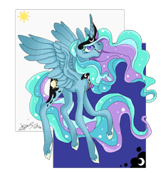 Size: 860x950 | Tagged: safe, artist:creeate97, character:princess celestia, character:princess luna, species:alicorn, species:pony, female, flying, fusion, mare, simple background, solo, white background
