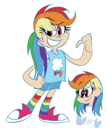 Size: 667x800 | Tagged: safe, artist:mirabuncupcakes15, character:rainbow dash, species:human, alternate hairstyle, bust, clothing, converse, female, grin, humanized, ponytail, rainbow socks, shoes, shorts, simple background, smiling, socks, solo, striped socks, white background