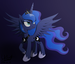 Size: 1600x1365 | Tagged: safe, artist:livehotsun, character:princess luna, species:alicorn, species:pony, colored, crown, female, happy, jewelry, mare, regalia, smiling, solo, spread wings, wings