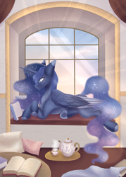 Size: 2401x3353 | Tagged: safe, artist:shadow-nights, character:princess luna, species:alicorn, species:pony, book, cheek fluff, chest fluff, colored ears, colored hooves, crepuscular rays, cup, female, high res, mare, pillow, profile, prone, reading, solo, teacup, teapot, two toned wings, window, window seat, wings